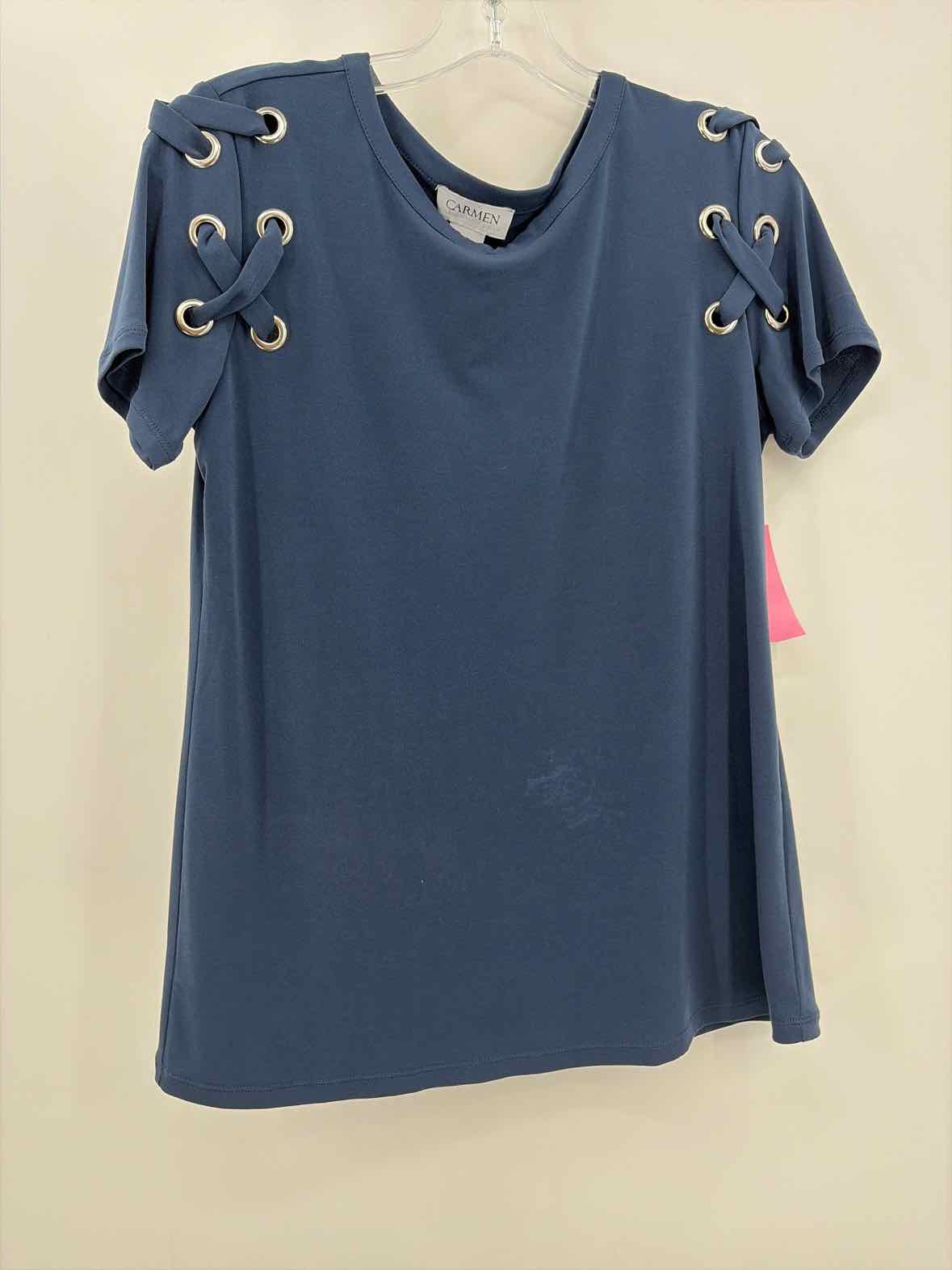 Pre-Owned Carmen Marc Valvo Navy Size Small Short Sleeve Blouse | True Fashionistas.