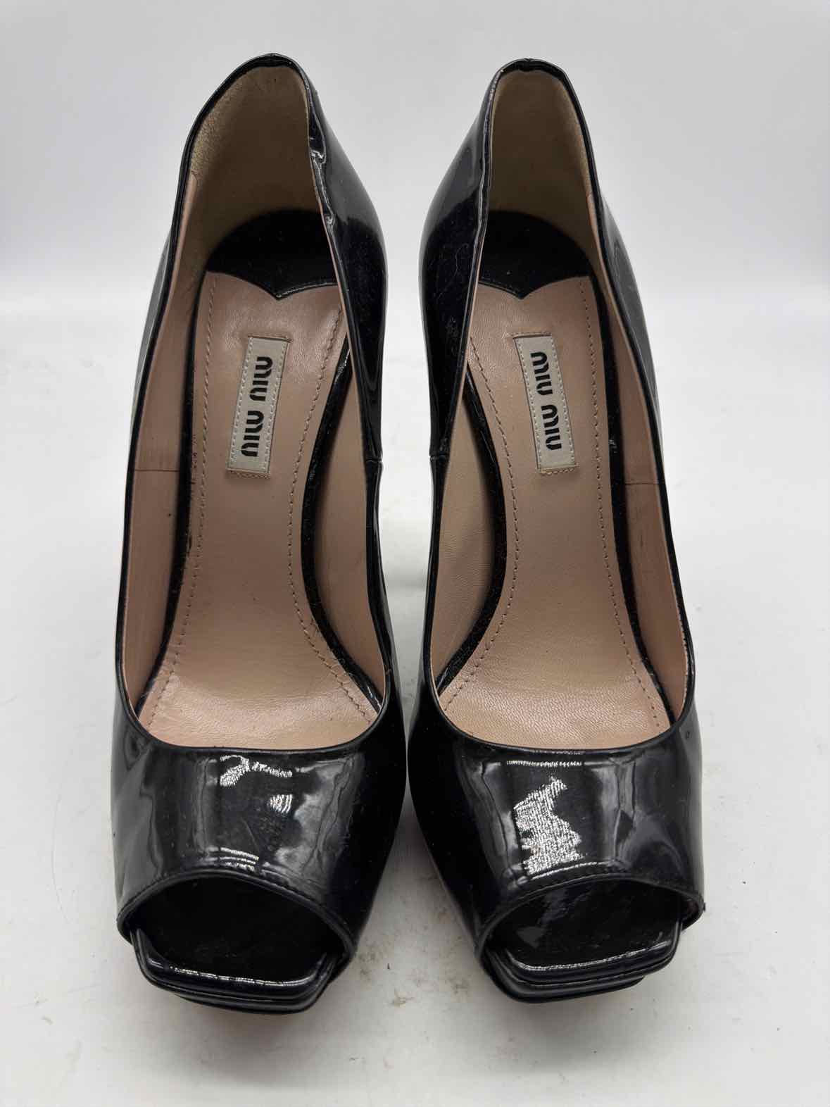Pre-Owned Miu Miu Black Size 38 Patent Leather Rhinestone Peep Toe Heels | True Fashionistas.