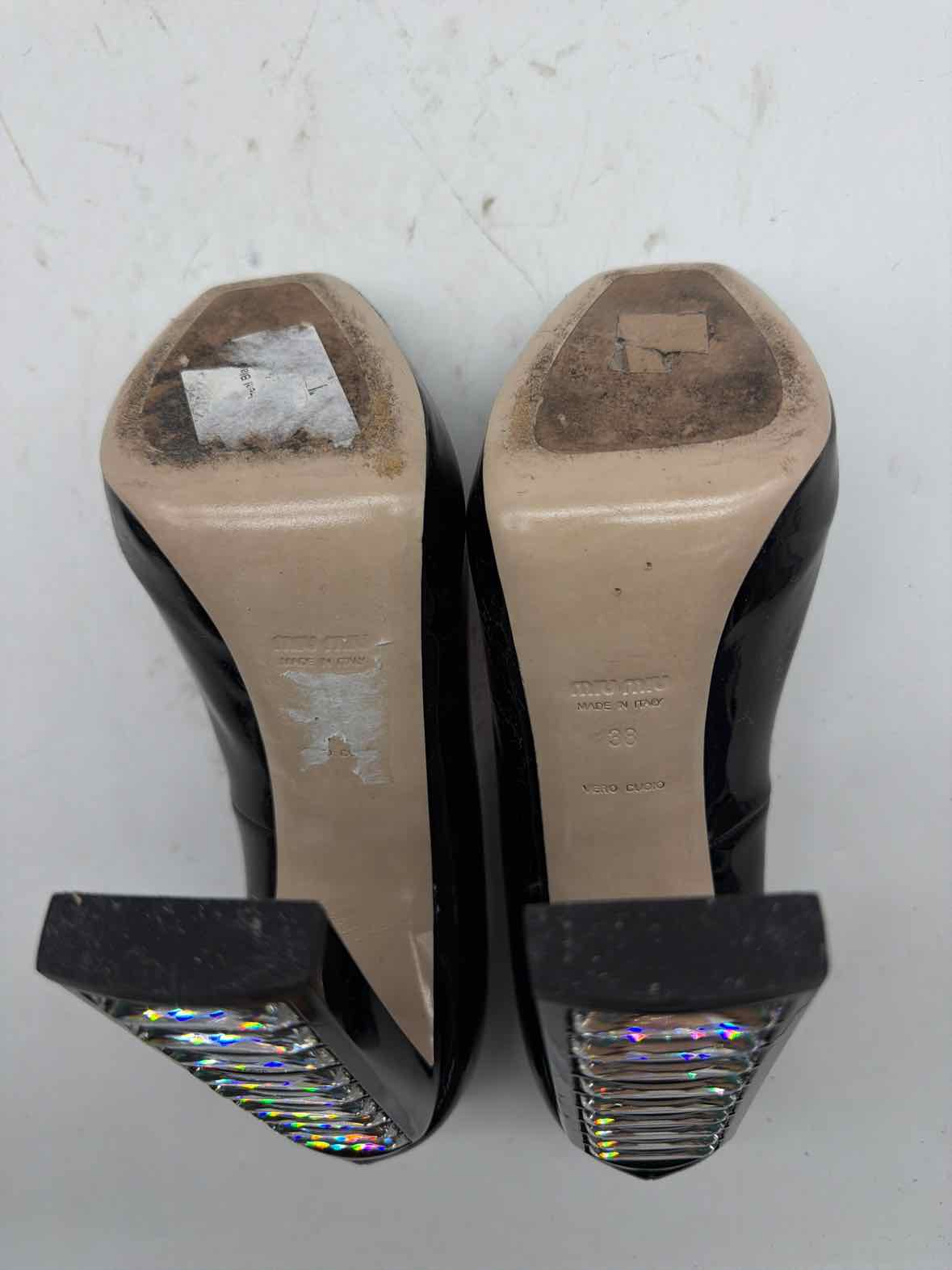 Pre-Owned Miu Miu Black Size 38 Patent Leather Rhinestone Peep Toe Heels | True Fashionistas.