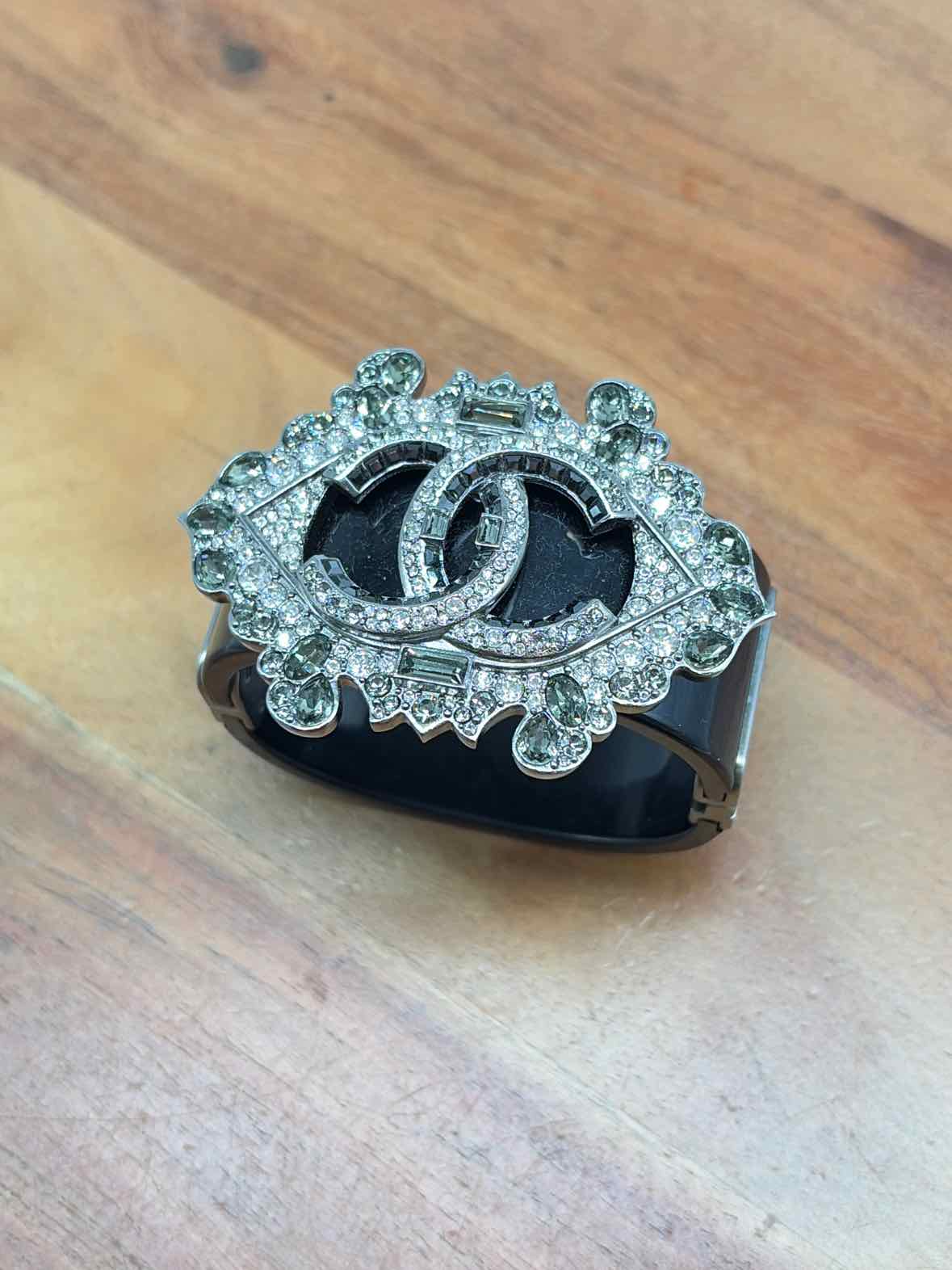 Pre-Owned Chanel Silver and Black Crystal Bangle Bracelet | True Fashionistas.