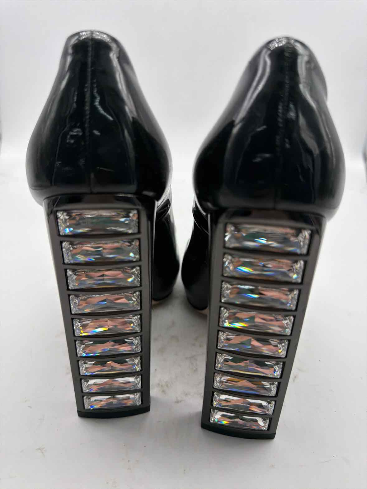 Pre-Owned Miu Miu Black Size 38 Patent Leather Rhinestone Peep Toe Heels | True Fashionistas.