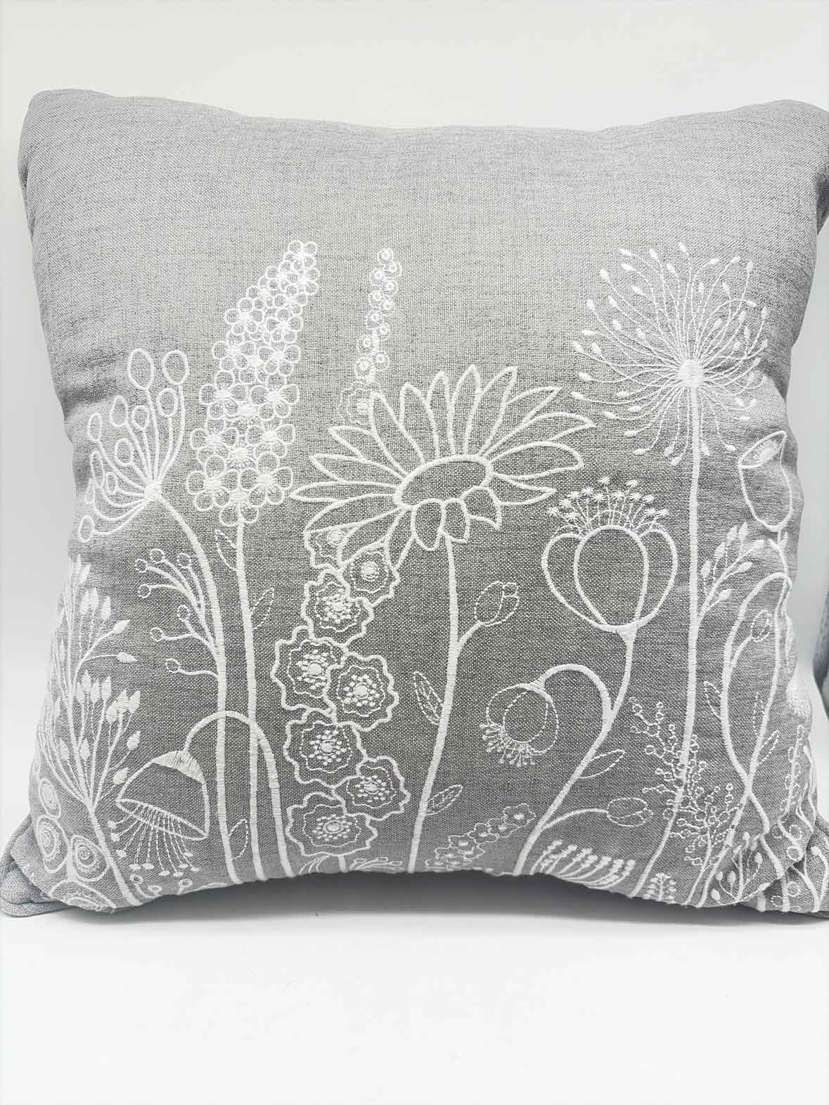 Gray Floral Embroidered Pillow | True Fashionistas.