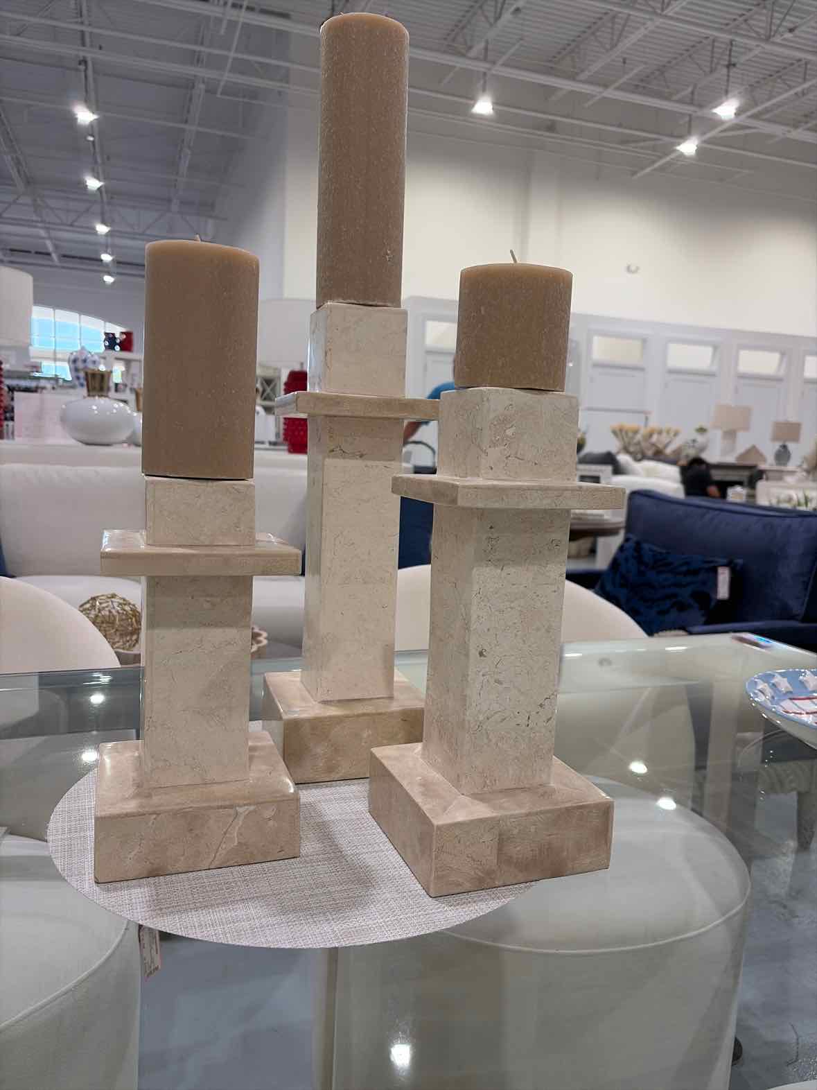 Set Of 3 Marble Style Beige Candle Sticks | True Fashionistas.