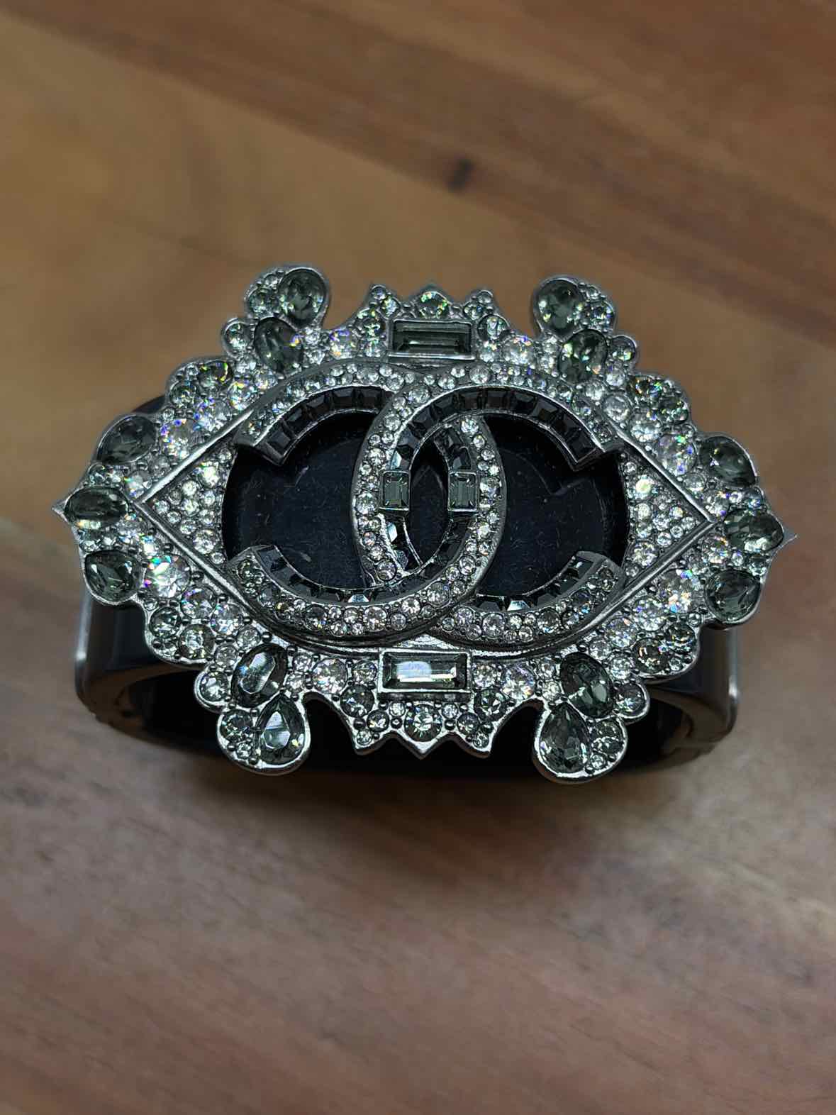 Pre-Owned Chanel Silver and Black Crystal Bangle Bracelet | True Fashionistas.