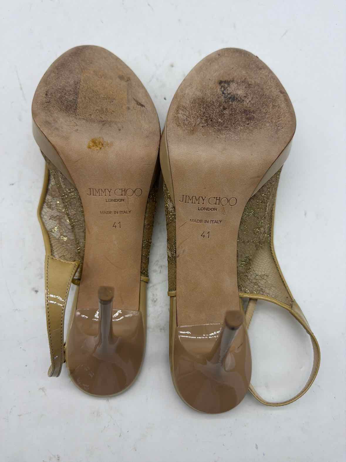 Pre-Owned Jimmy Choo Gold Size 11 Lace Slingback Heels | True Fashionistas.