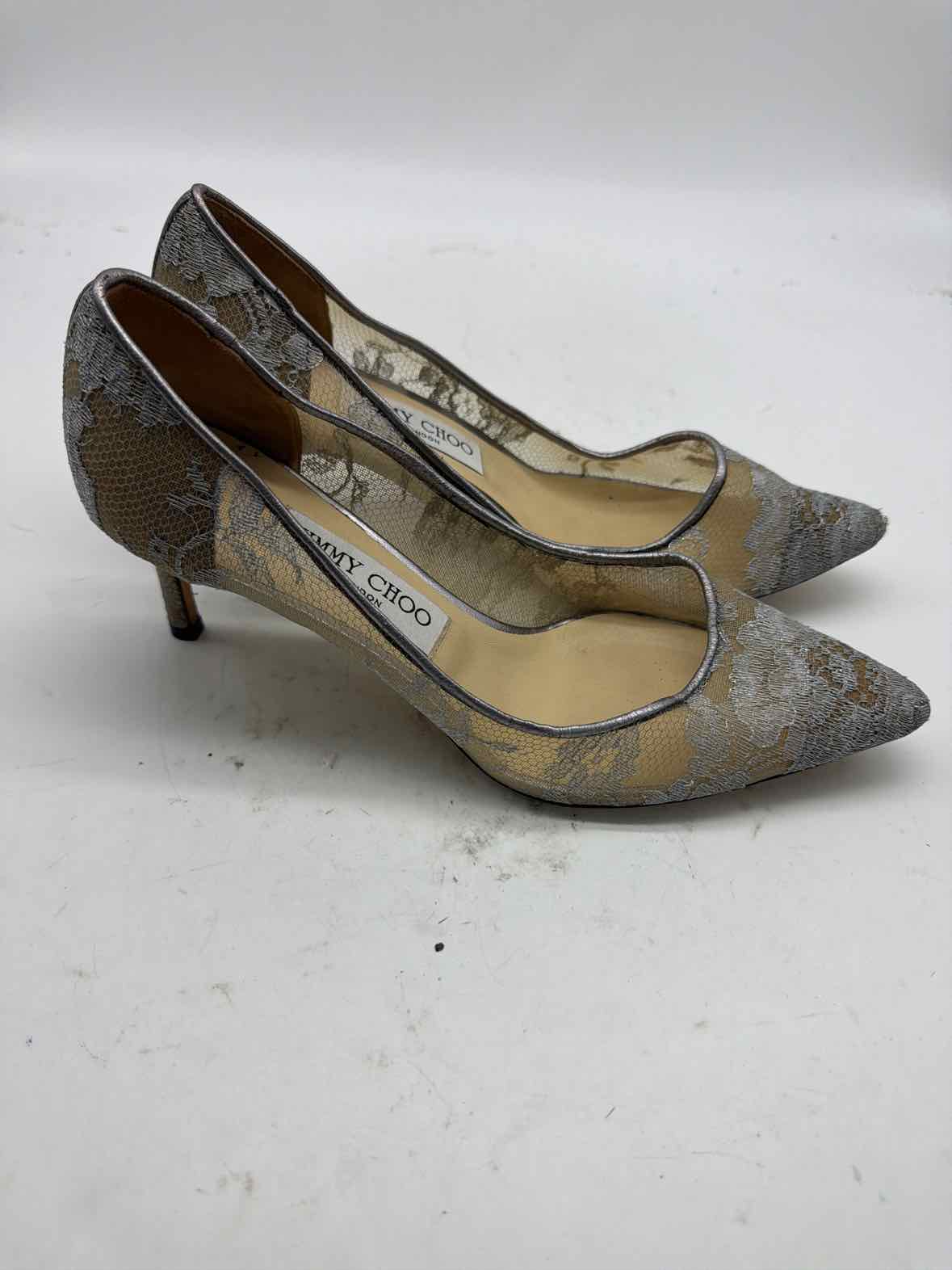 Pre-Owned Jimmy Choo Silver Size 7.5 Lace Pump Heels | True Fashionistas.