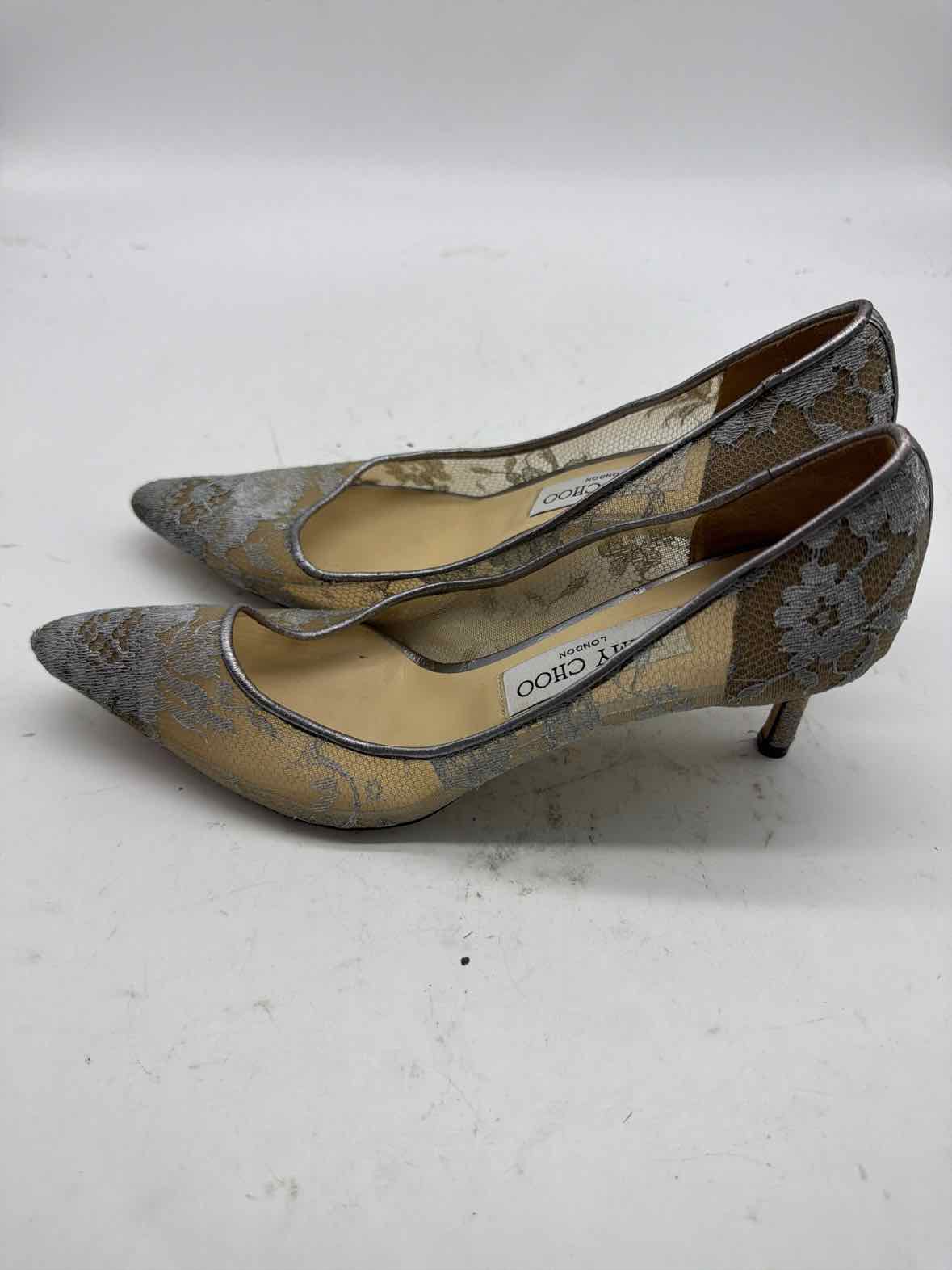 Pre-Owned Jimmy Choo Silver Size 7.5 Lace Pump Heels | True Fashionistas.