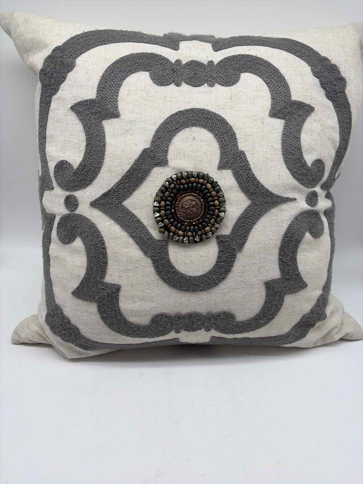 Grey & White Embroidered Cotton Blend Pillow | True Fashionistas.