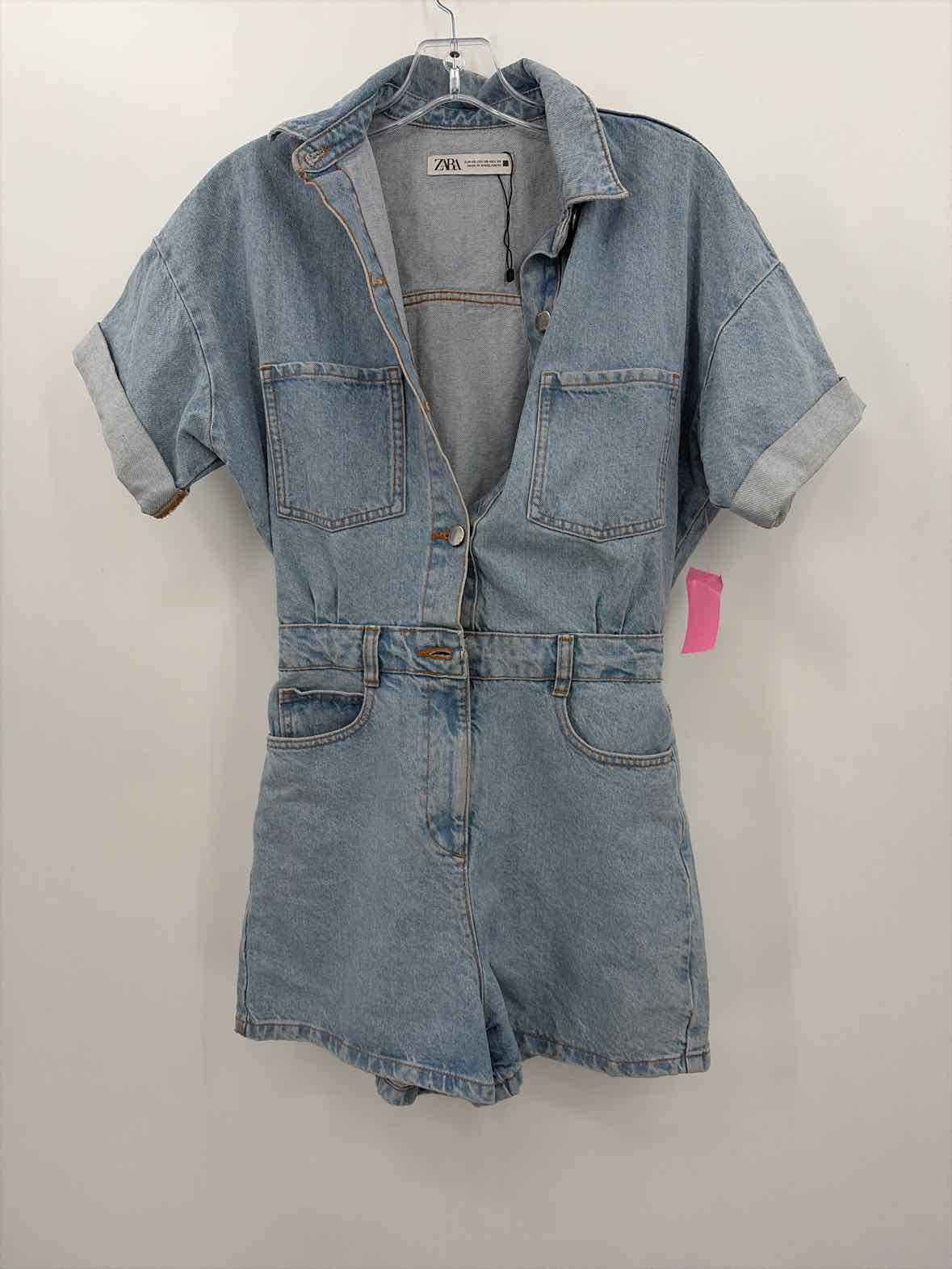 Pre-Owned Zara Blue Size Small Denim Button Down Short Sleeve Romper | True Fashionistas.