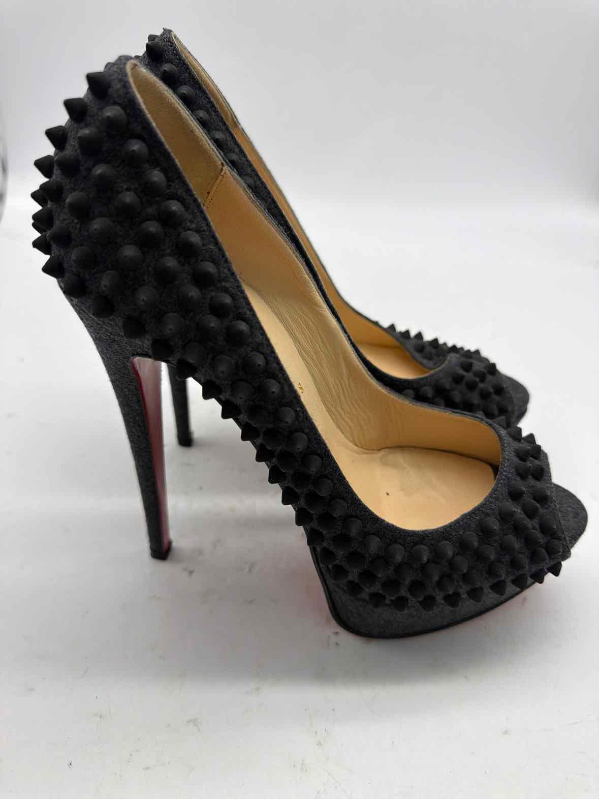 Pre-Owned Christian Louboutin Grey Size 8.5 spike accent Peep Toe Heels | True Fashionistas.