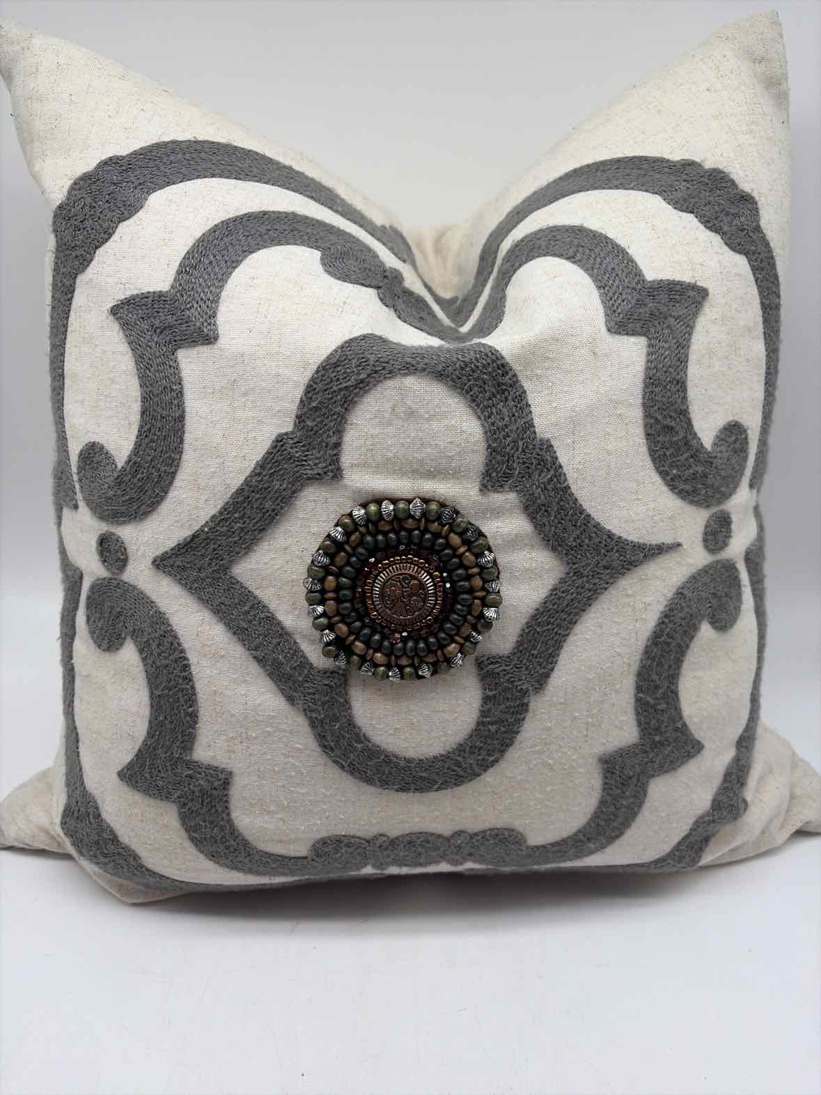 Grey & White Embroidered Cotton Blend Pillow | True Fashionistas.