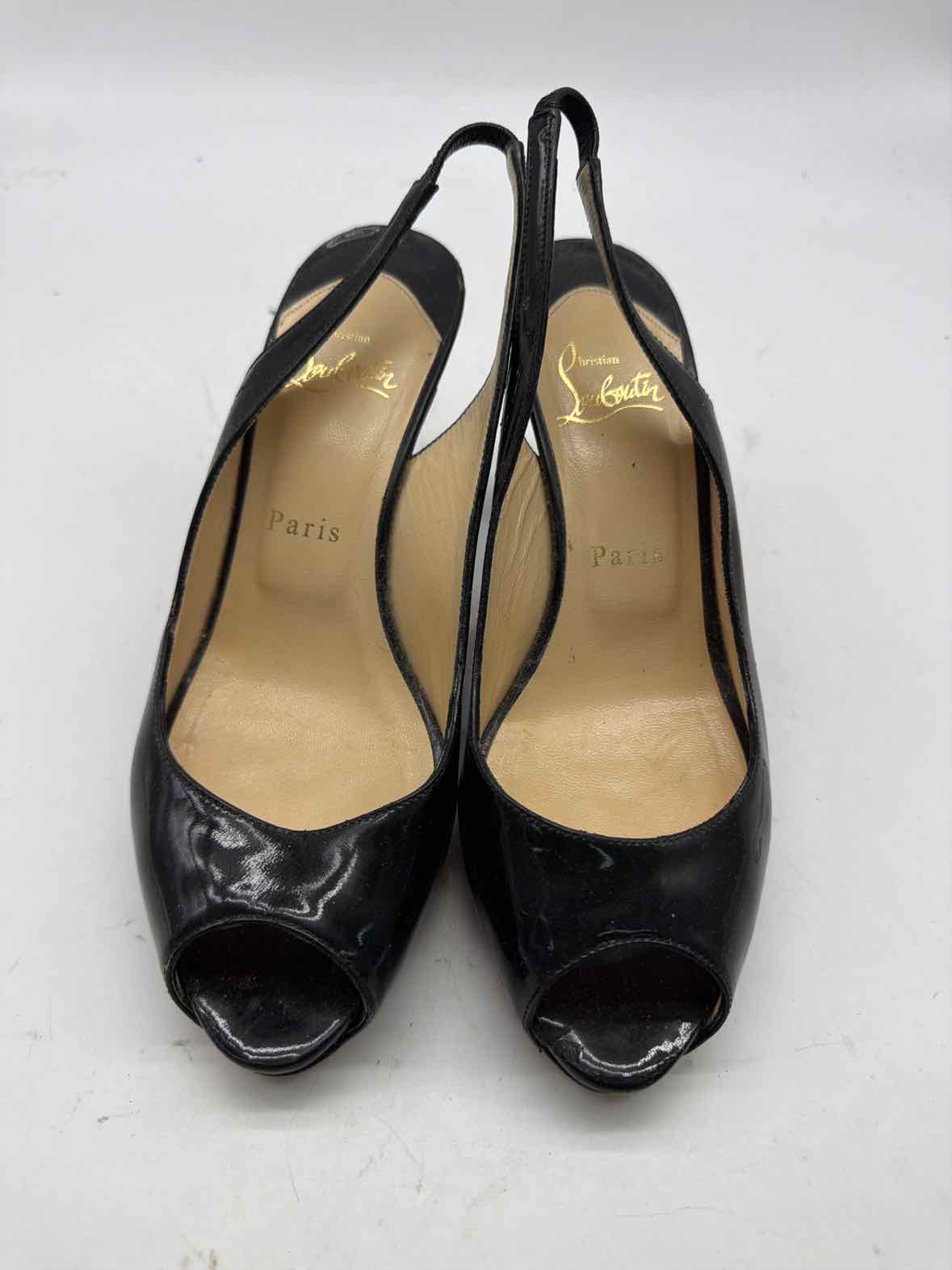 Pre-Owned Christian Louboutin Black Size 7.5 Patent Leather Slingback Heels | True Fashionistas.