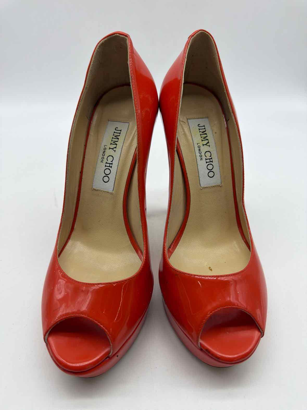 Pre-Owned Jimmy Choo Red Size 35.5 Peep Toe Heels | True Fashionistas.