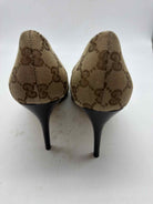 Pre-Owned Gucci Tan Size 40 Monogram Peep Toe Heels | True Fashionistas.