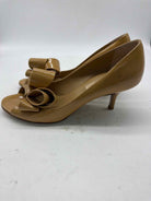 Pre-Owned Valentino Tan Size 36.5 Patent Leather Bow Peep Toe Heels | True Fashionistas.
