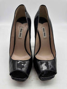 Pre-Owned Miu Miu Black Size 38 Patent Leather Rhinestone Peep Toe Heels | True Fashionistas.