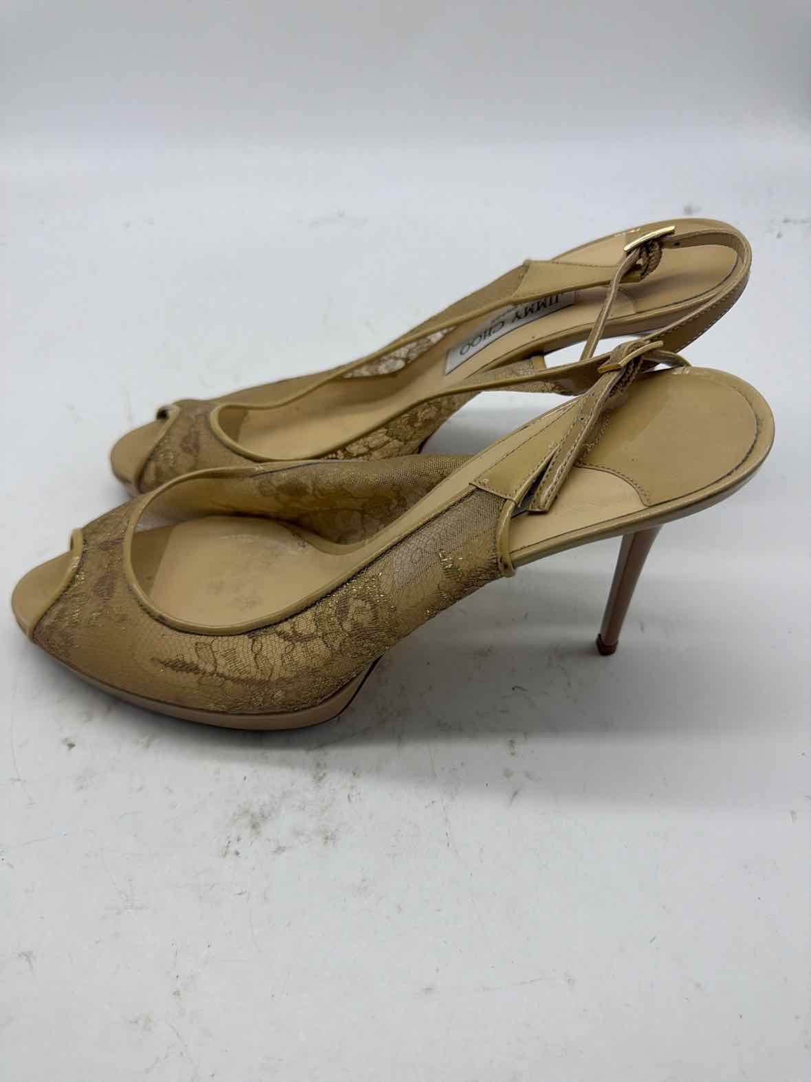 Pre-Owned Jimmy Choo Gold Size 11 Lace Slingback Heels | True Fashionistas.