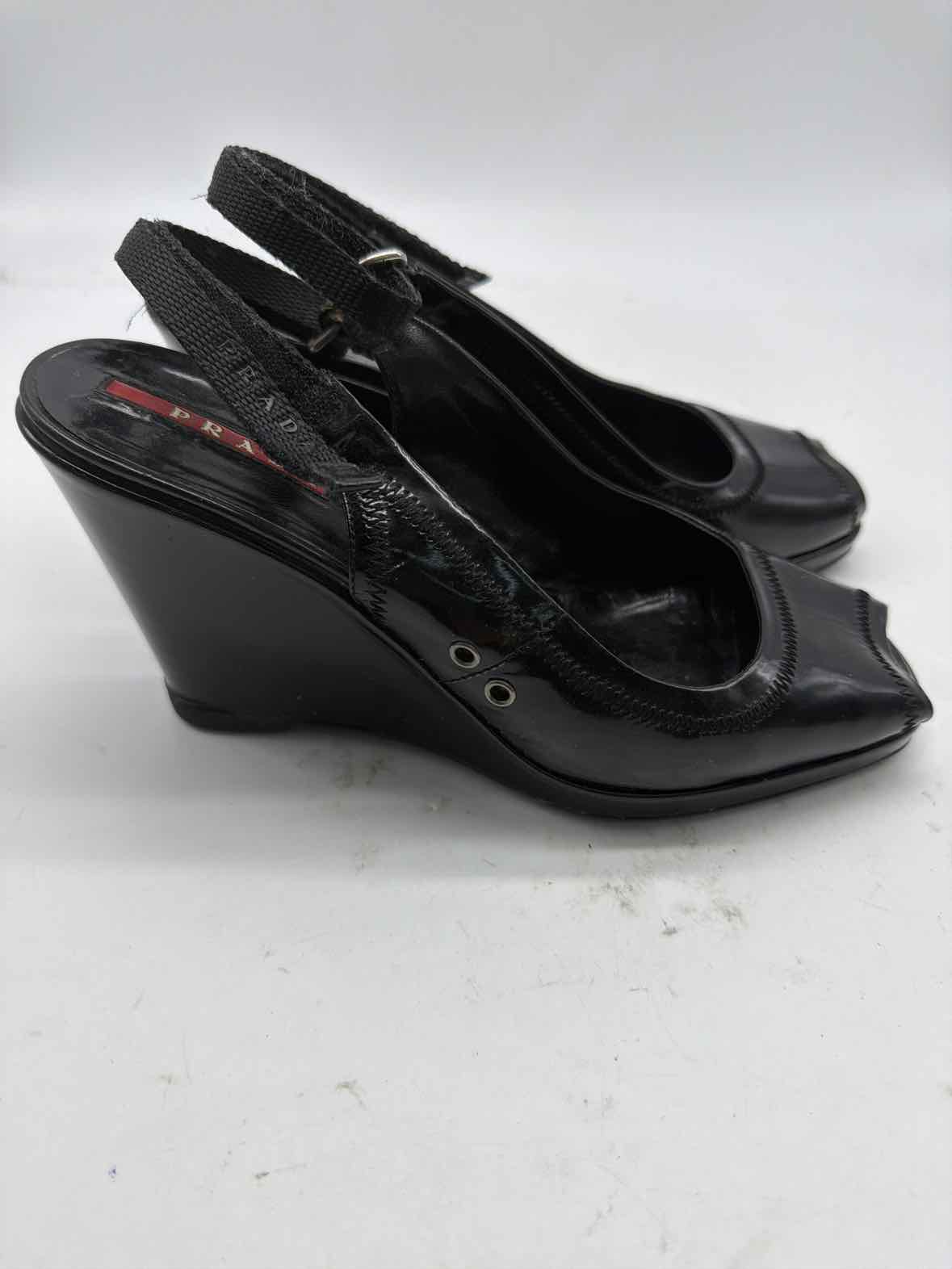 Pre-Owned Prada Black Size 6.5 Patent Leather Wedge Heels | True Fashionistas.
