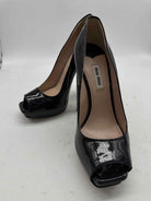 Pre-Owned Miu Miu Black Size 38 Patent Leather Rhinestone Peep Toe Heels | True Fashionistas.