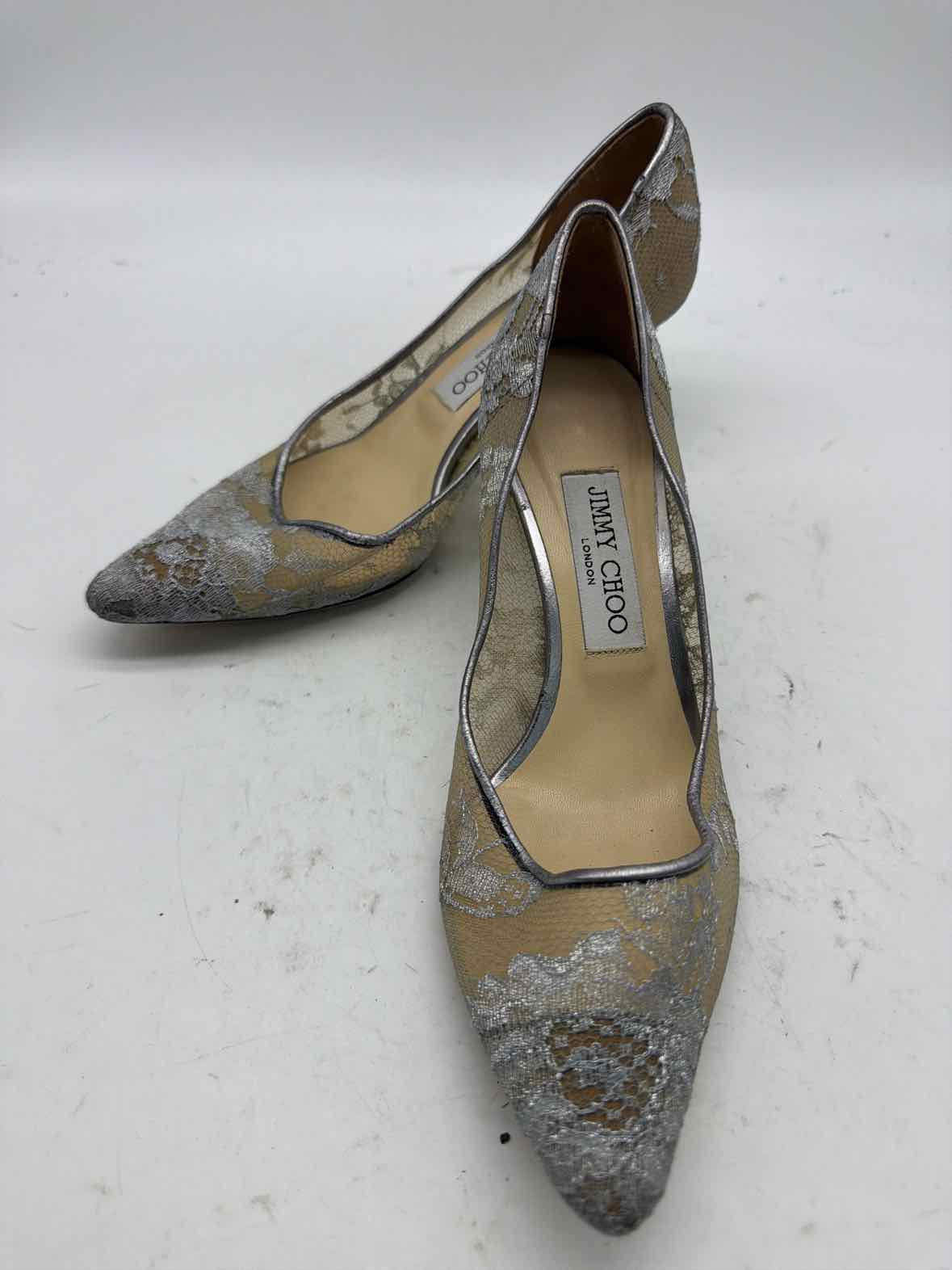 Pre-Owned Jimmy Choo Silver Size 7.5 Lace Pump Heels | True Fashionistas.