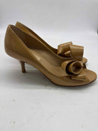 Pre-Owned Valentino Tan Size 36.5 Patent Leather Bow Peep Toe Heels | True Fashionistas.