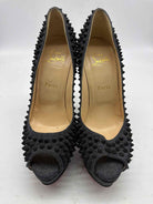Pre-Owned Christian Louboutin Grey Size 8.5 spike accent Peep Toe Heels | True Fashionistas.