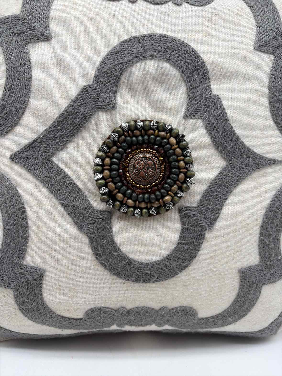 Grey & White Embroidered Cotton Blend Pillow | True Fashionistas.