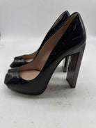 Pre-Owned Miu Miu Black Size 38 Patent Leather Rhinestone Peep Toe Heels | True Fashionistas.