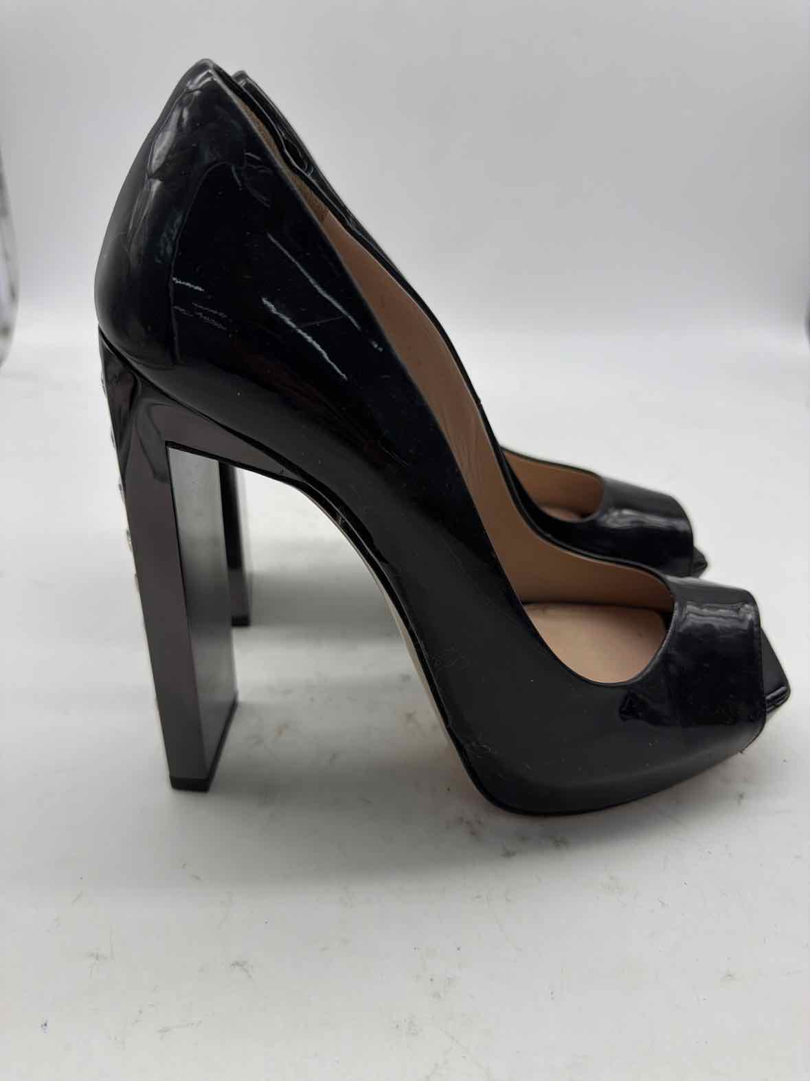 Pre-Owned Miu Miu Black Size 38 Patent Leather Rhinestone Peep Toe Heels | True Fashionistas.