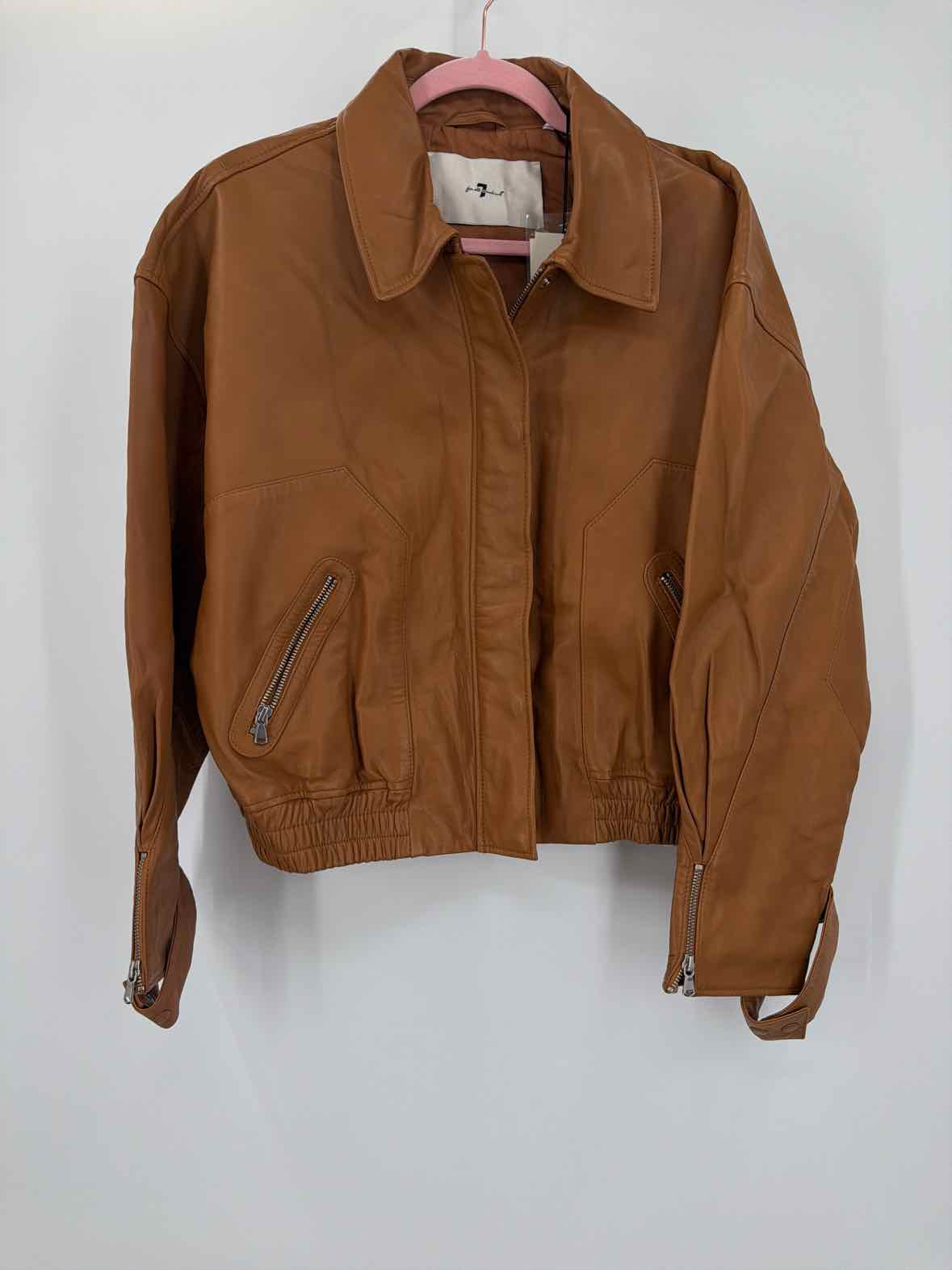 Pre-Owned 7 For All Mankind Tan Size Large Leather Zip Up Jacket | True Fashionistas.