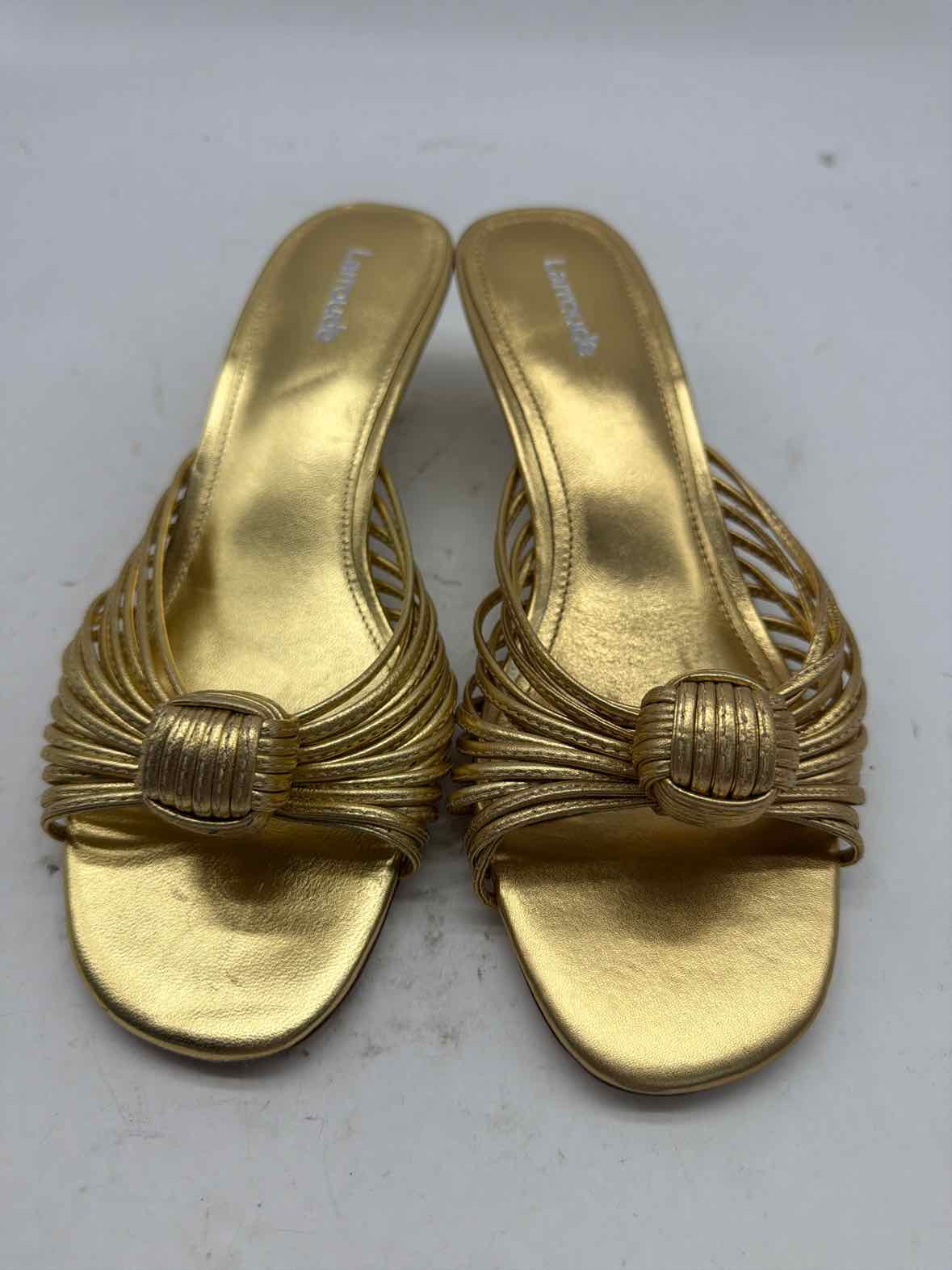 Pre-Owned Larroude Gold Size 7.5 Mule Heels | True Fashionistas.