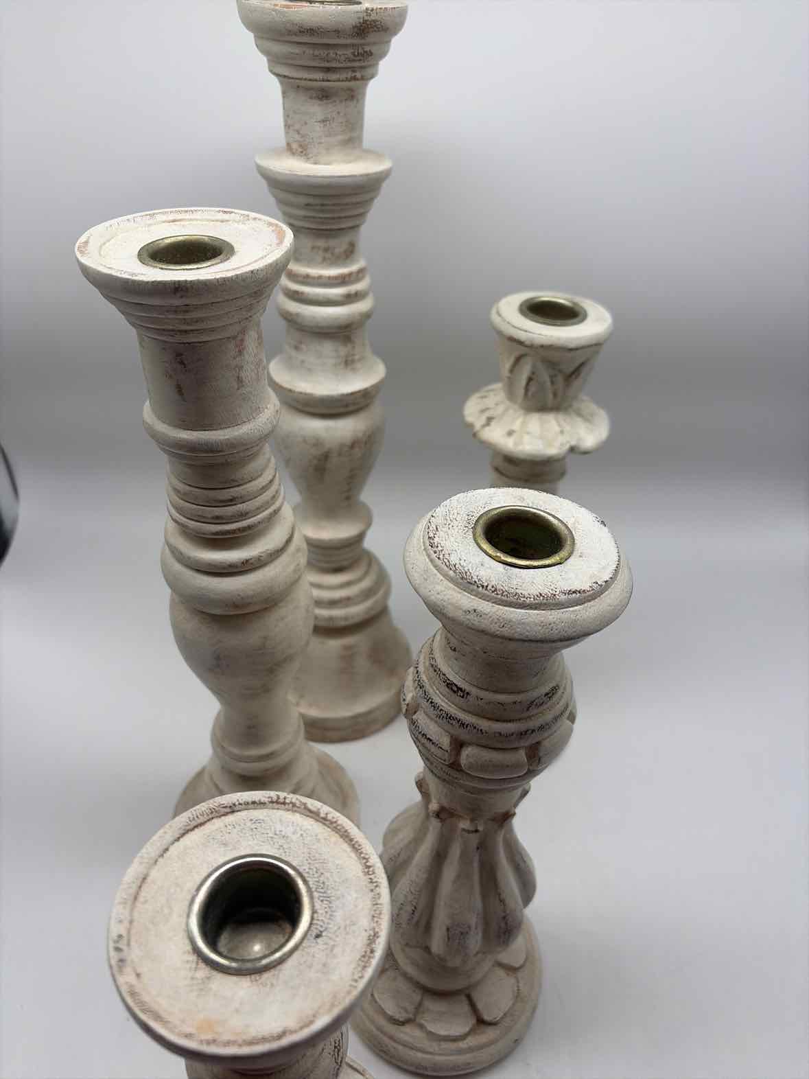 Set Of 5 Composite Whitewashed Candlesticks | True Fashionistas.
